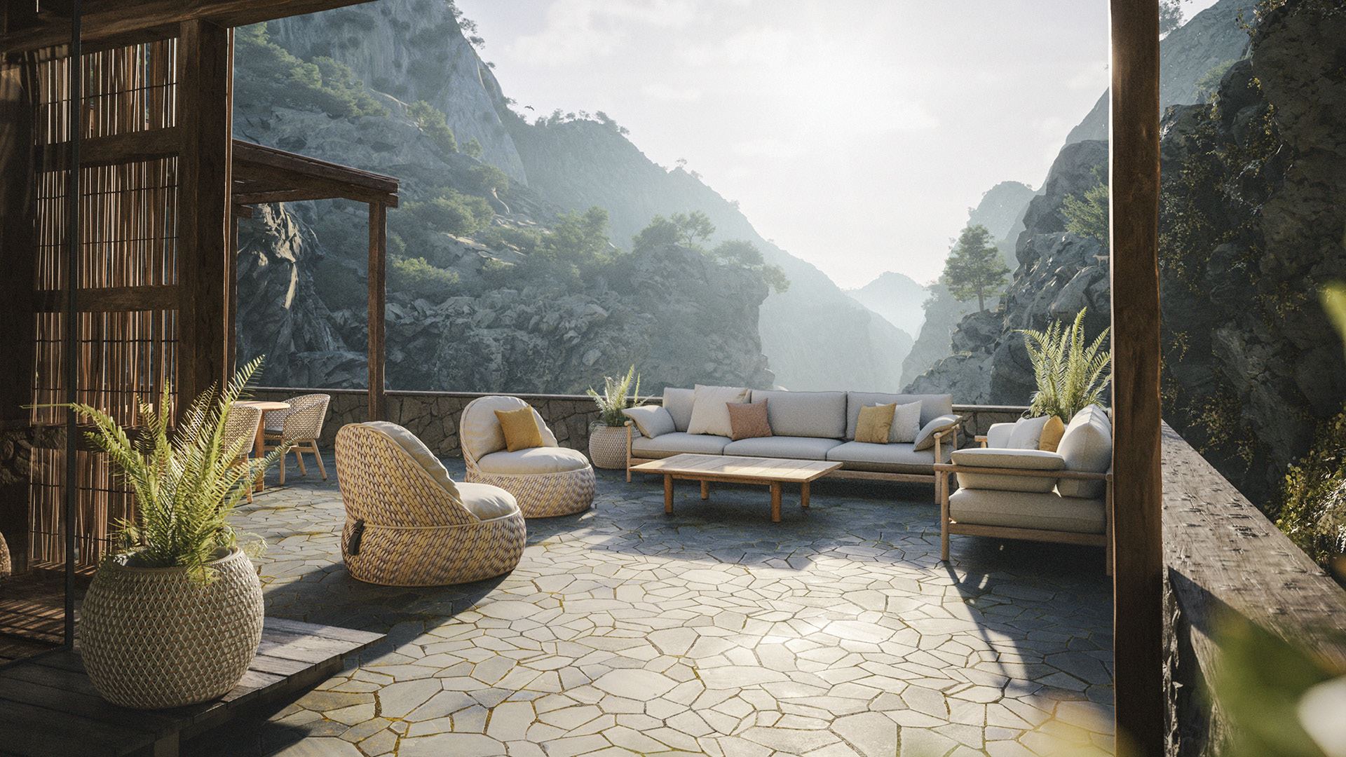 Dala and Tibbo on balcony, spiritual mountains in the background