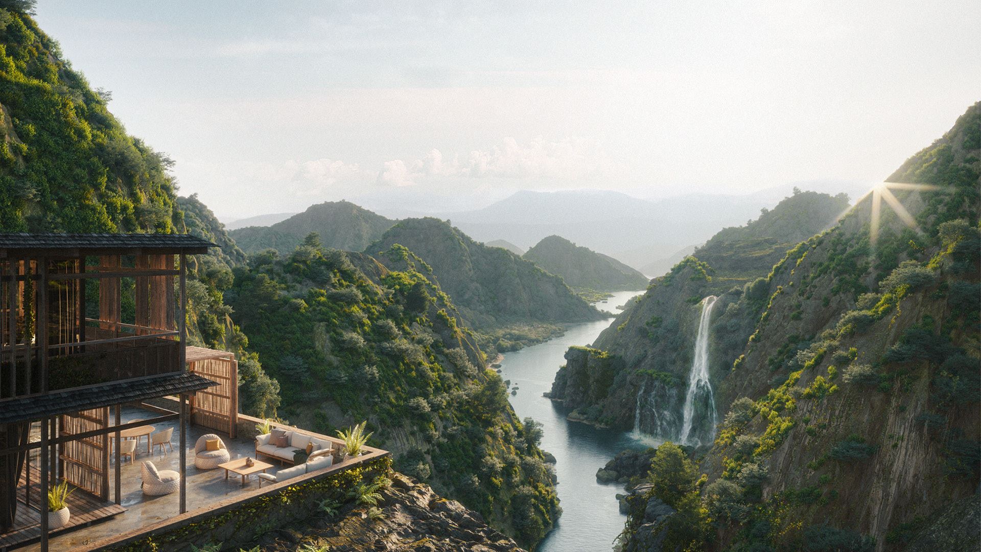 Dala and Tibbo on balcony, spiritual mountains in the background
