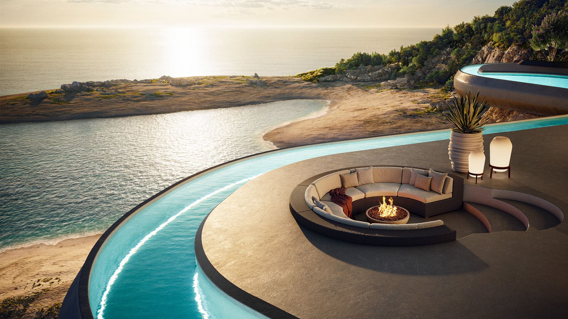 Lounge with an ocean view, island in background