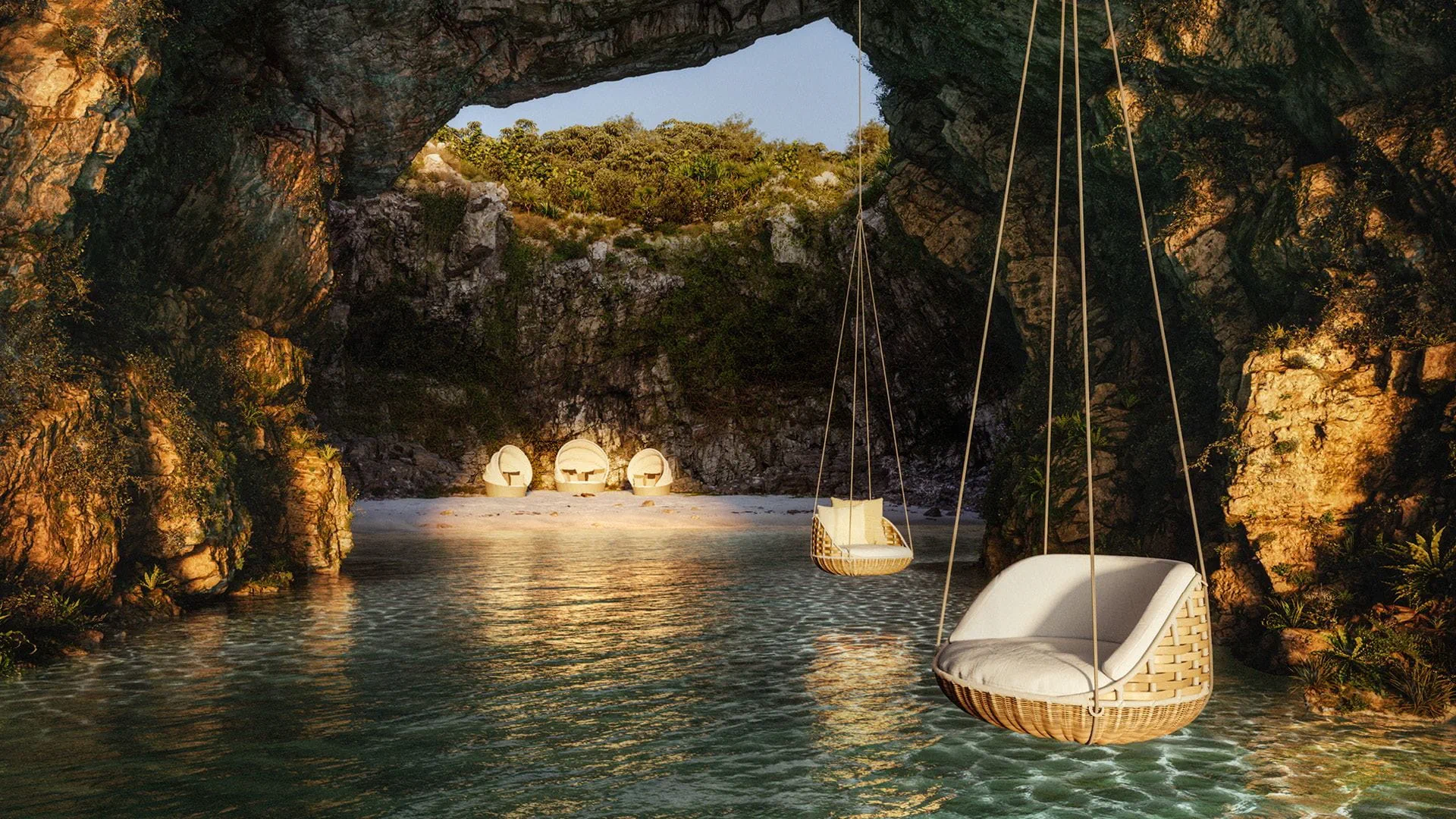 Swingrest hanging from Cliffs, while Orbit is placed on a beach, which is within a natural, open cave