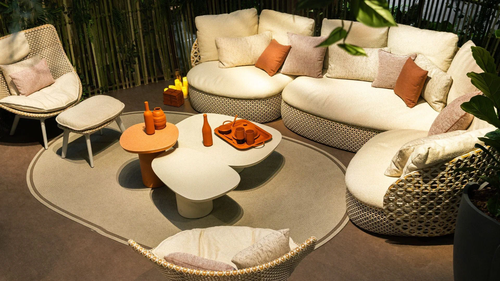 DEDON MDEAR URBAN collection with MBRACE chairs and MDEAR sofa in Macadamia